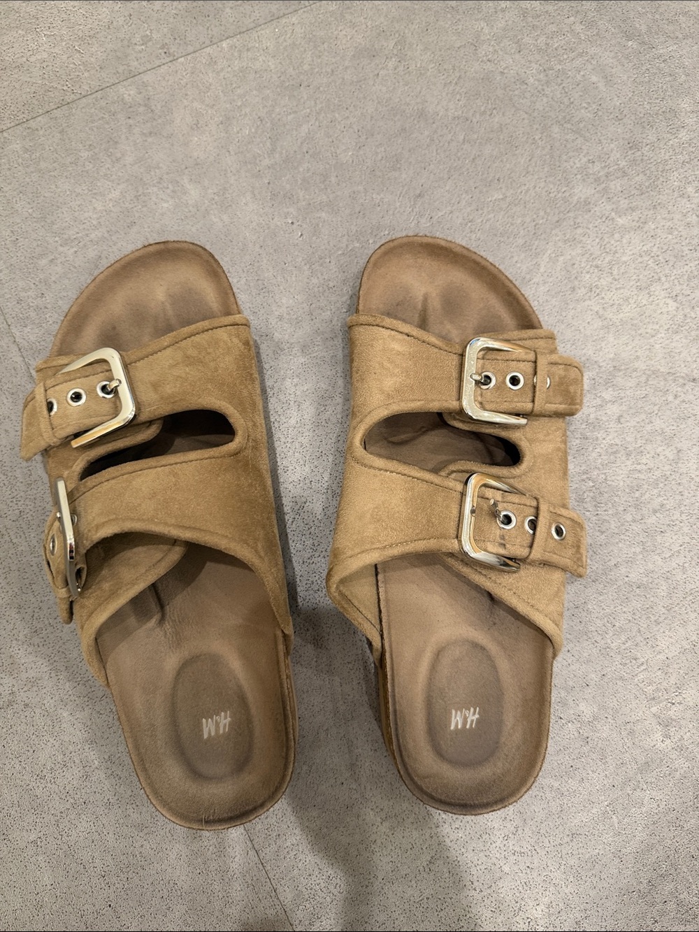 H&M Suede Double-Buckle Slide Sandals in Tan